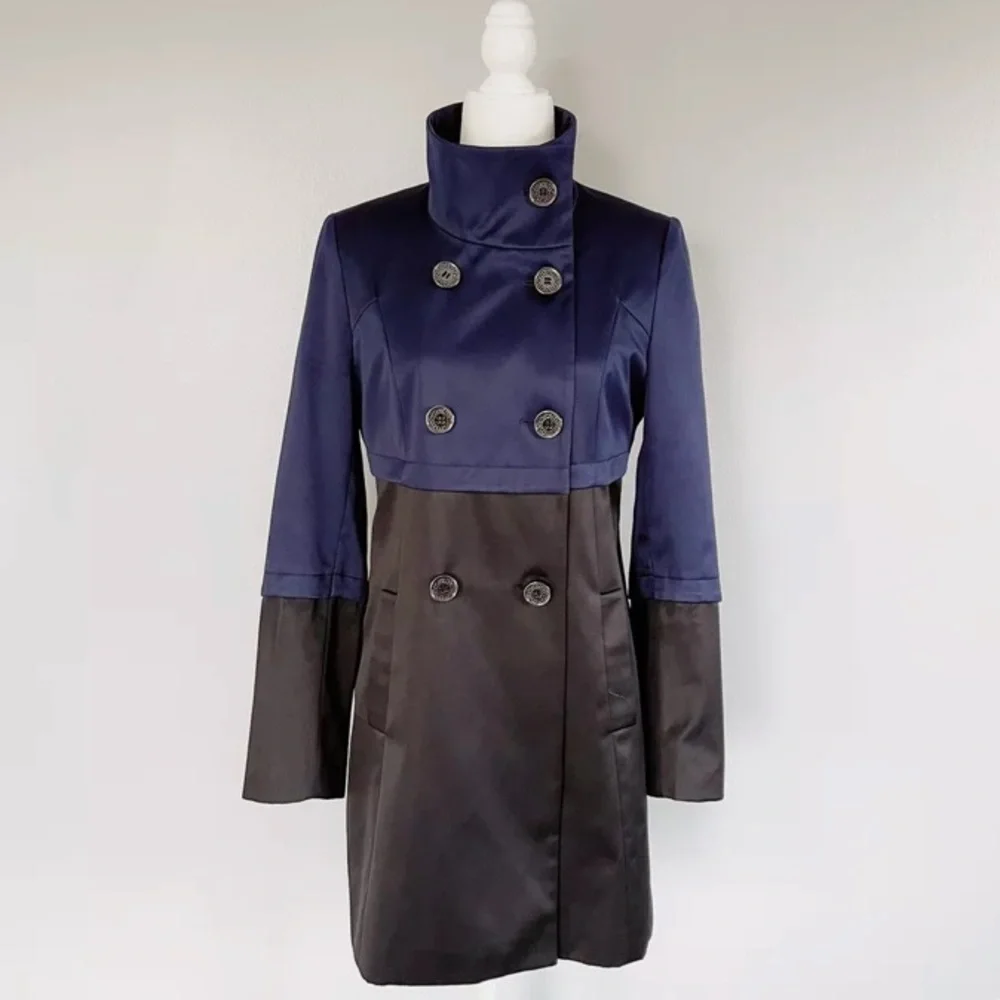 TAHARI Anya Blue / Black Colorblock Satin Women’s Water Resistant Coat (XS) - Picture 4 of 7